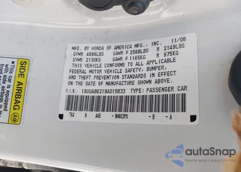 2009 Acura Tl 3.5 из США, поврежденный, VIN 19UUA86219A015833